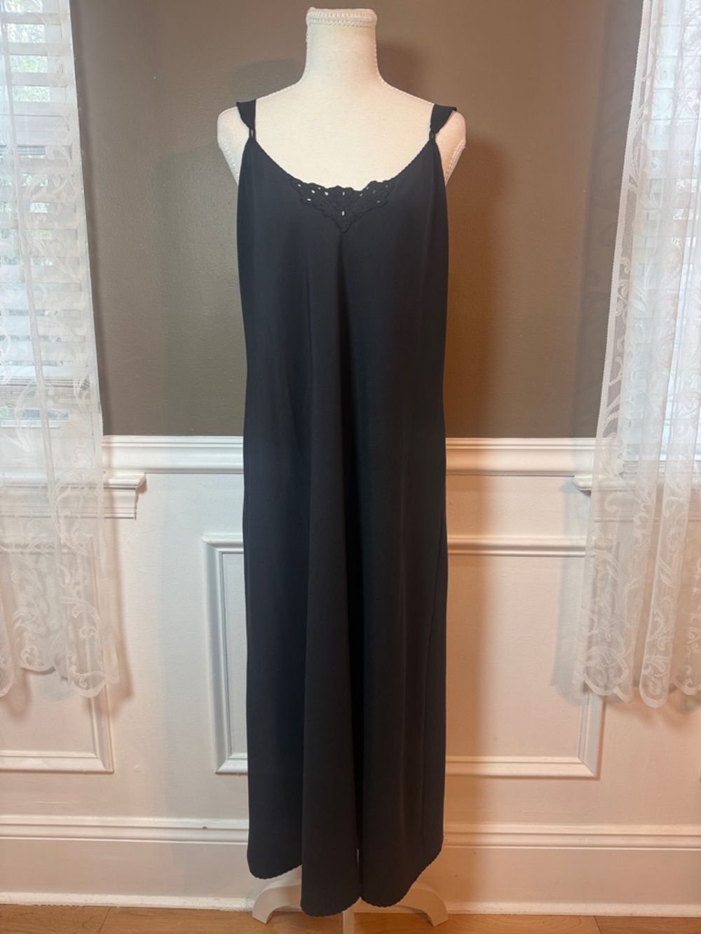Vintage Vanity Fair Black Slip Dress Embroidered Midi USA M/L
